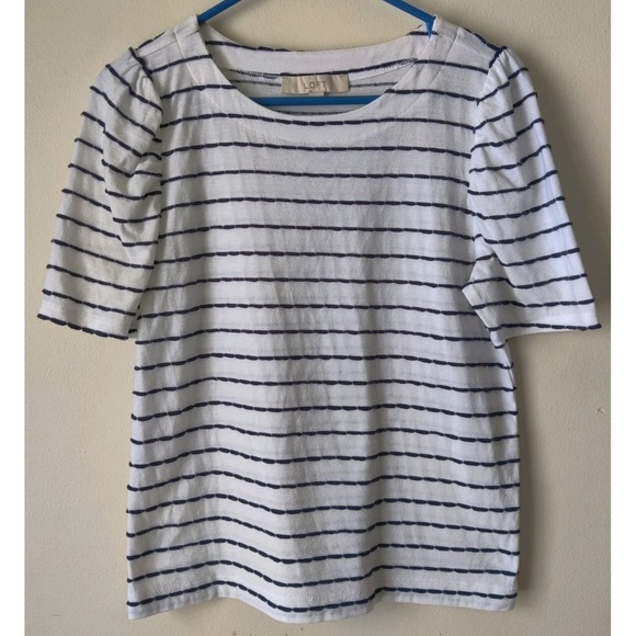 LOFT Tops - Loft Women's Short Sleeve White Top with Navy Stripes Puff Sleeves Size Small